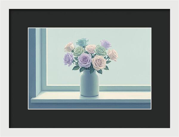 Vase Of Mixed Roses On Sunlit Windowsill