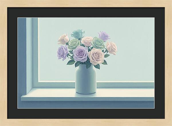 Vase Of Mixed Roses On Sunlit Windowsill