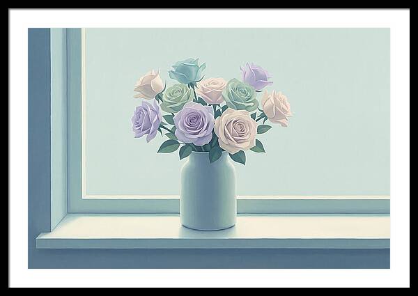 Vase Of Mixed Roses On Sunlit Windowsill