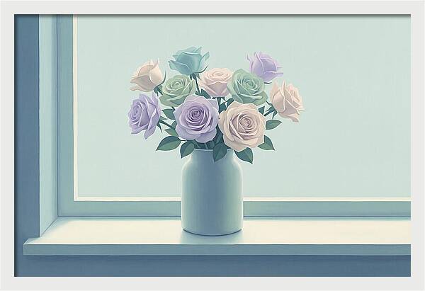 Vase Of Mixed Roses On Sunlit Windowsill