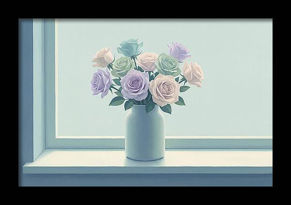 Vase Of Mixed Roses On Sunlit Windowsill