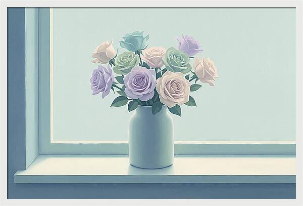 Vase Of Mixed Roses On Sunlit Windowsill