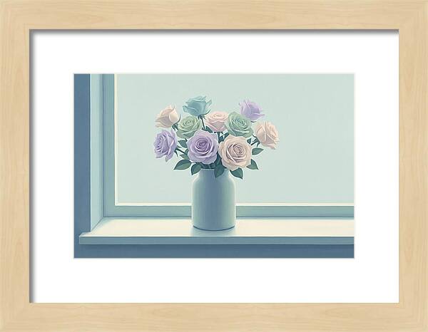 Vase Of Mixed Roses On Sunlit Windowsill
