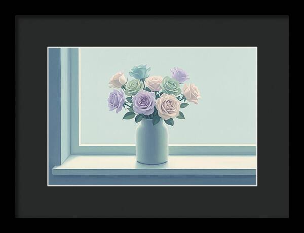 Vase Of Mixed Roses On Sunlit Windowsill