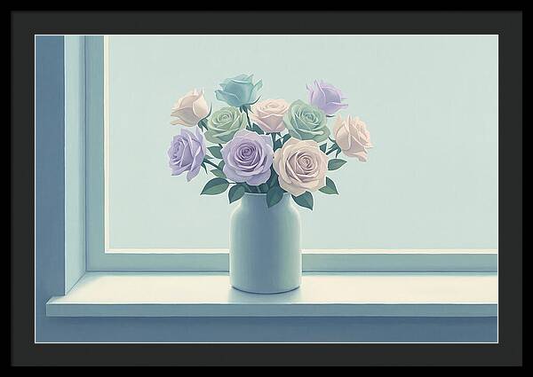 Vase Of Mixed Roses On Sunlit Windowsill