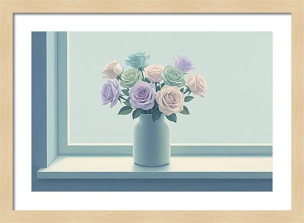 Vase Of Mixed Roses On Sunlit Windowsill