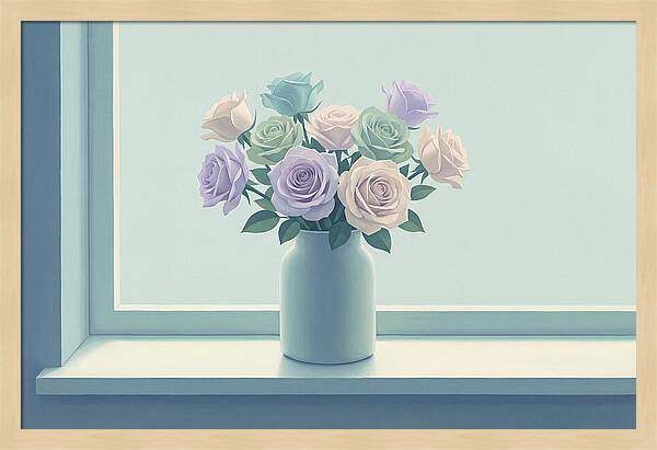 Vase Of Mixed Roses On Sunlit Windowsill