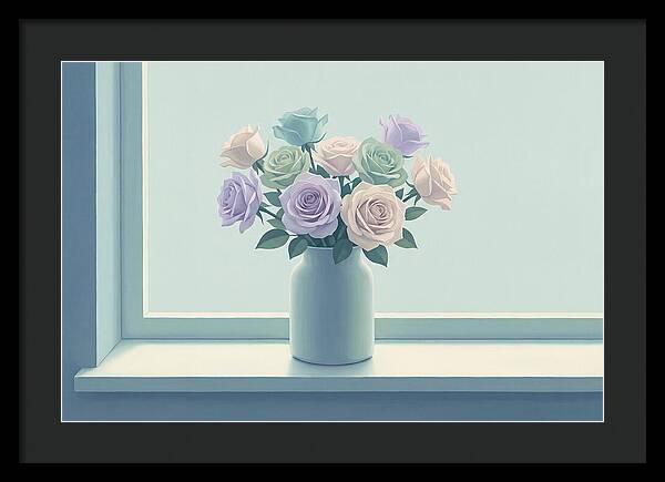 Vase Of Mixed Roses On Sunlit Windowsill