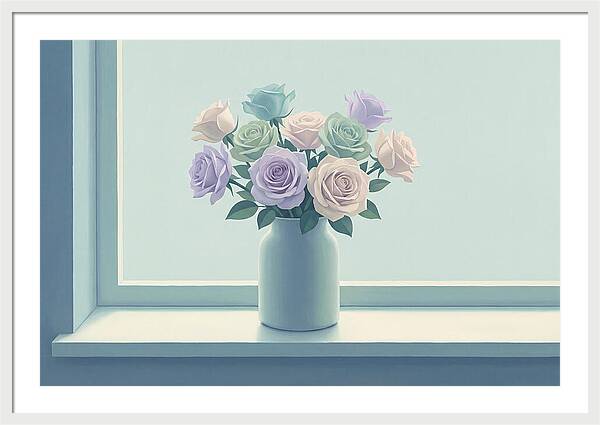Vase Of Mixed Roses On Sunlit Windowsill