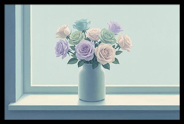 Vase Of Mixed Roses On Sunlit Windowsill