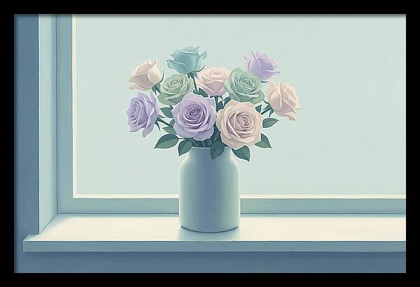 Vase Of Mixed Roses On Sunlit Windowsill