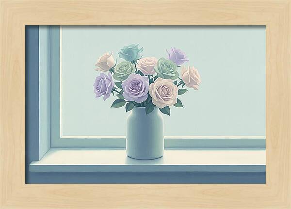 Vase Of Mixed Roses On Sunlit Windowsill