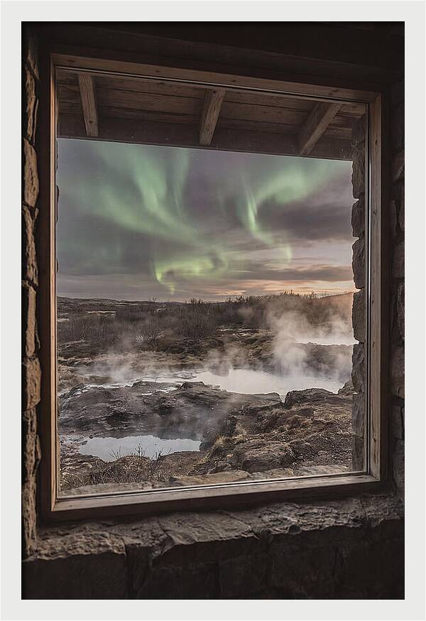 Vibrant Green Aurora Over Volcanic Landscape