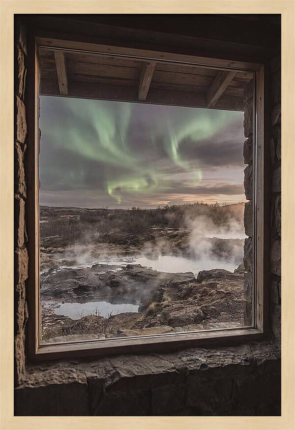 Vibrant Green Aurora Over Volcanic Landscape