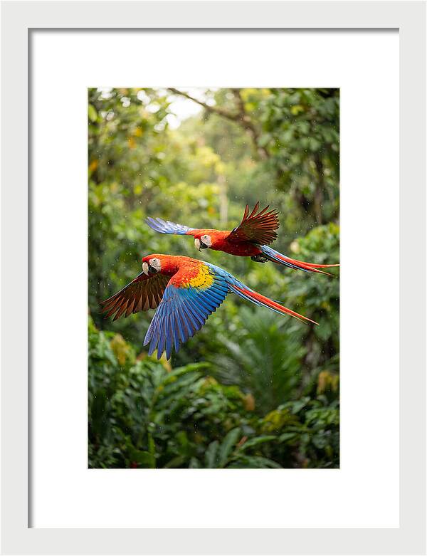 Vibrant Macaws Soaring Together