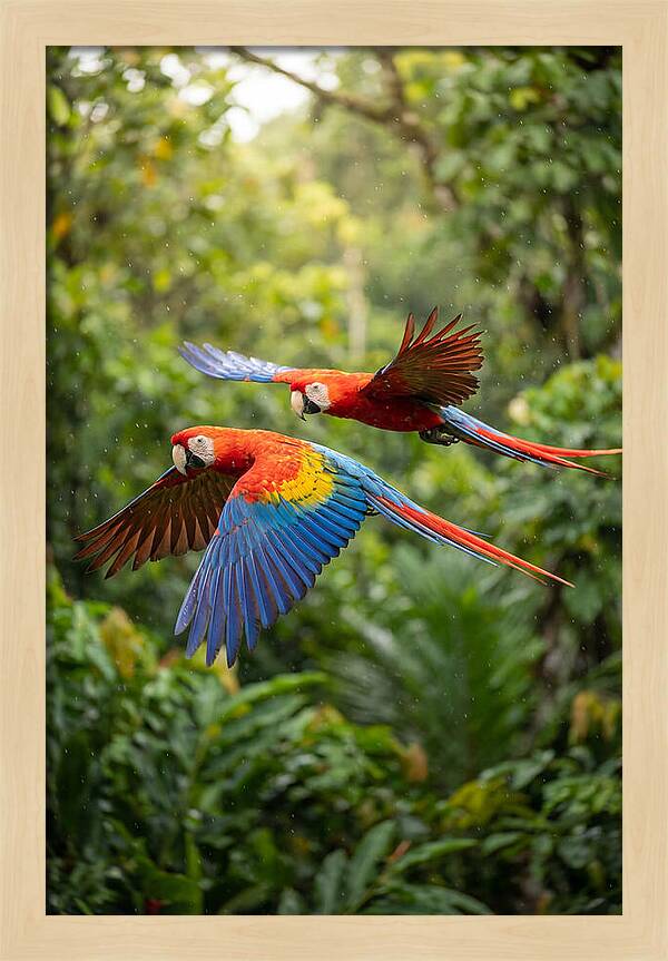 Vibrant Macaws Soaring Together