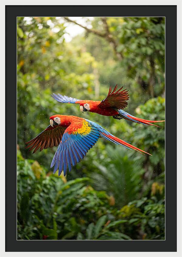 Vibrant Macaws Soaring Together