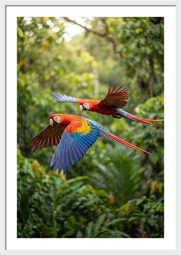Vibrant Macaws Soaring Together