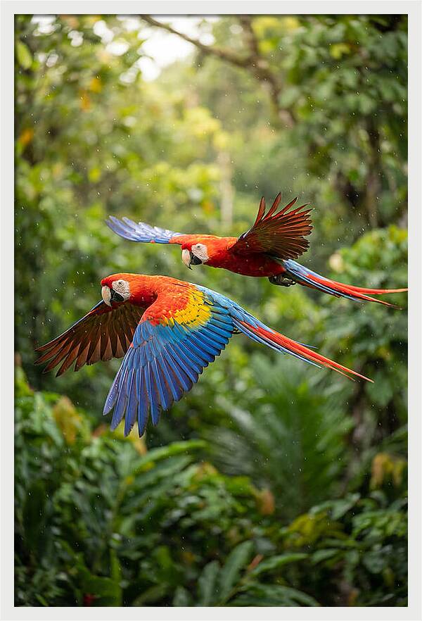 Vibrant Macaws Soaring Together