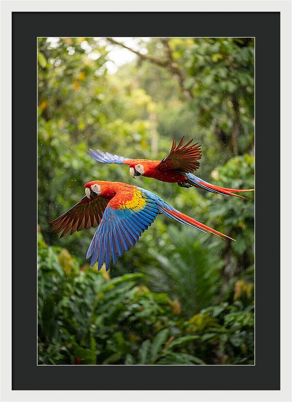 Vibrant Macaws Soaring Together