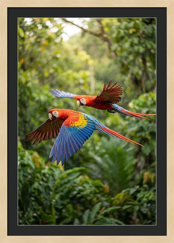 Vibrant Macaws Soaring Together