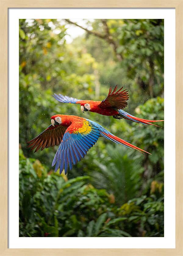 Vibrant Macaws Soaring Together