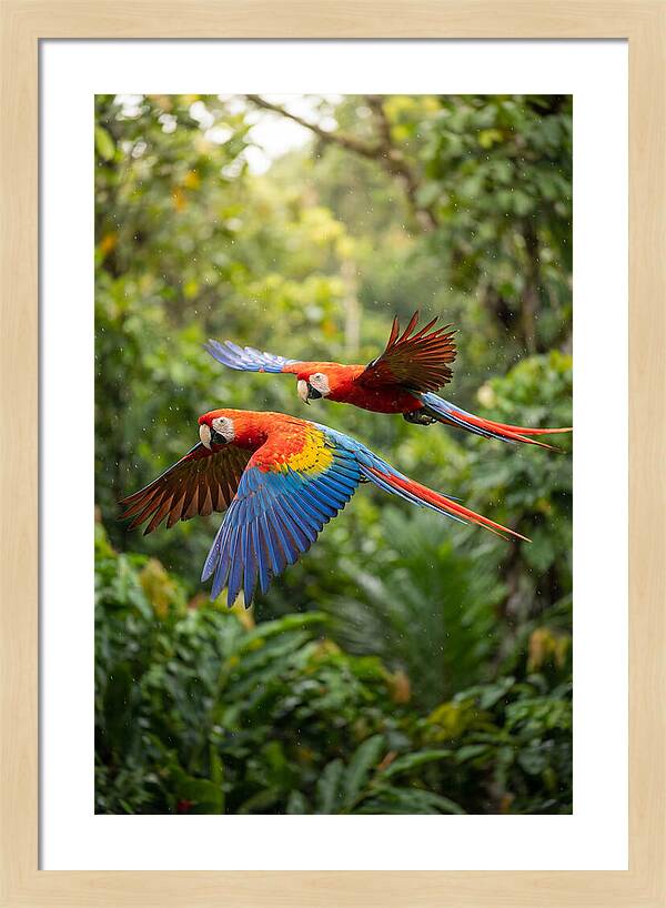Vibrant Macaws Soaring Together