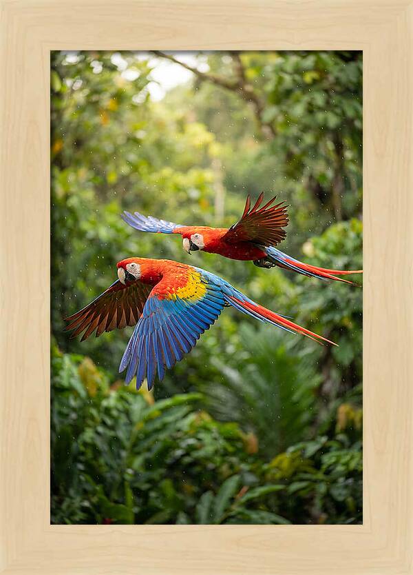 Vibrant Macaws Soaring Together