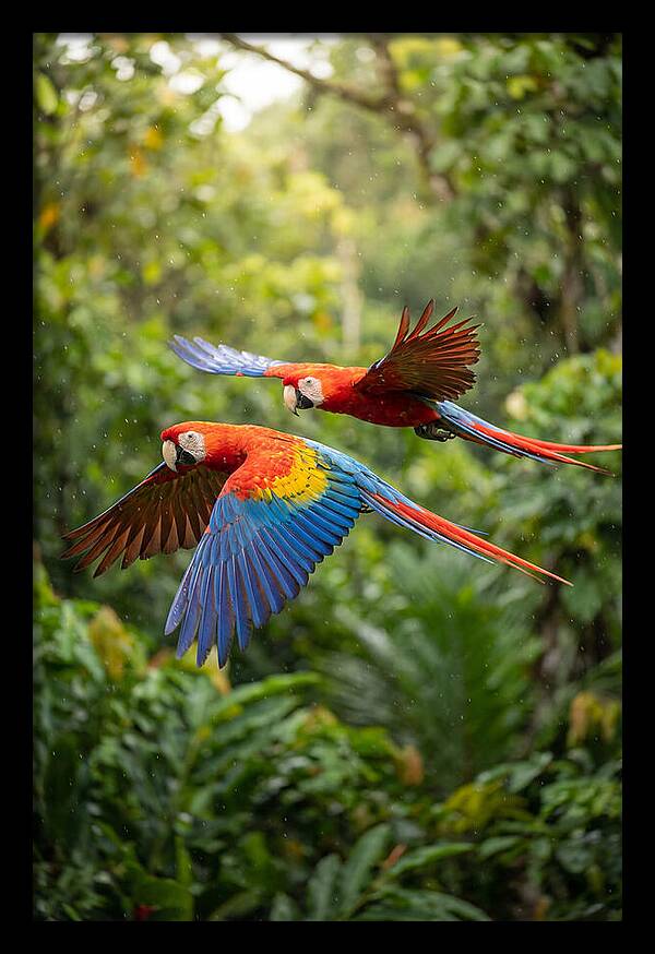 Vibrant Macaws Soaring Together