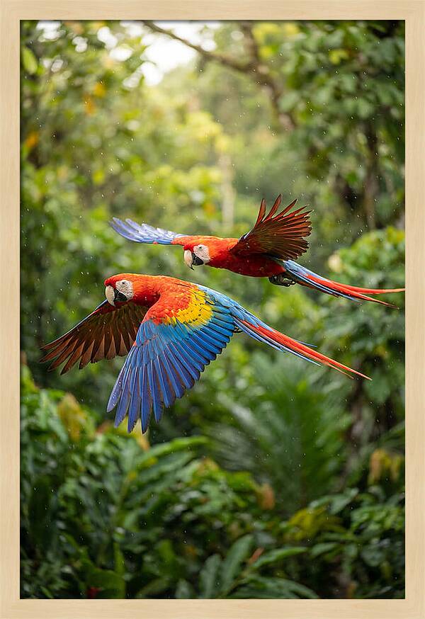 Vibrant Macaws Soaring Together