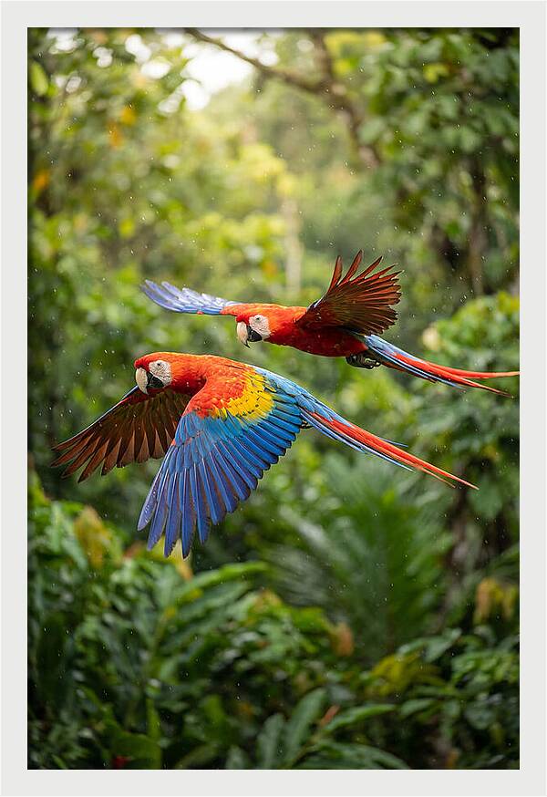 Vibrant Macaws Soaring Together
