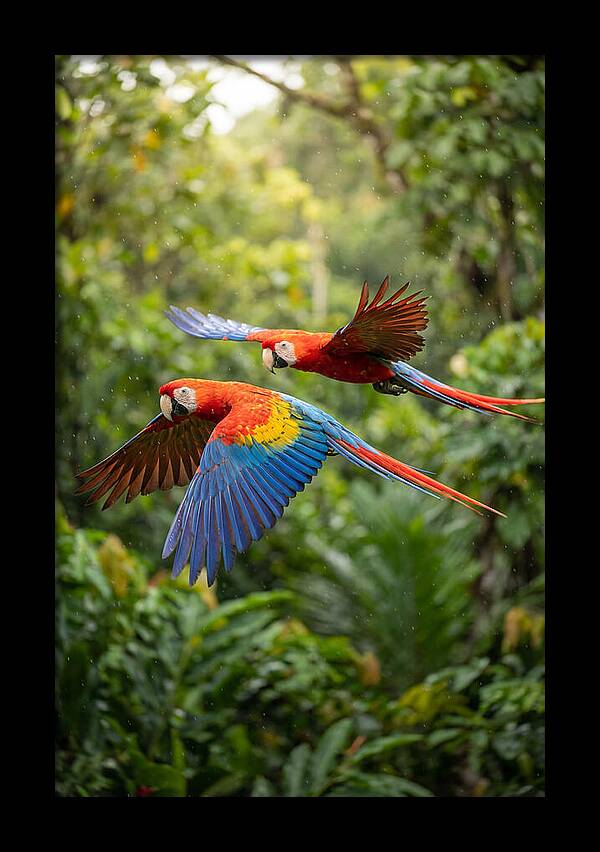 Vibrant Macaws Soaring Together