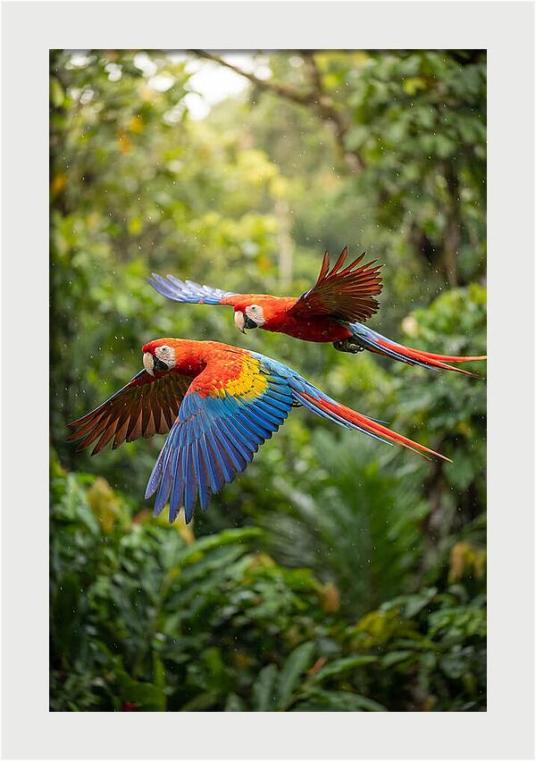Vibrant Macaws Soaring Together