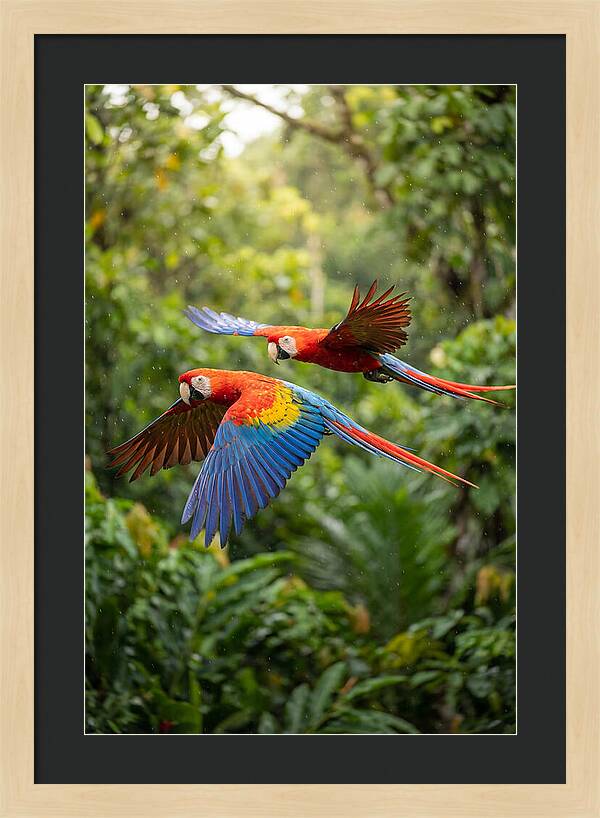 Vibrant Macaws Soaring Together