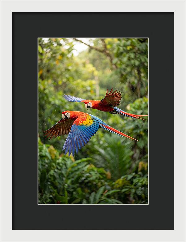 Vibrant Macaws Soaring Together