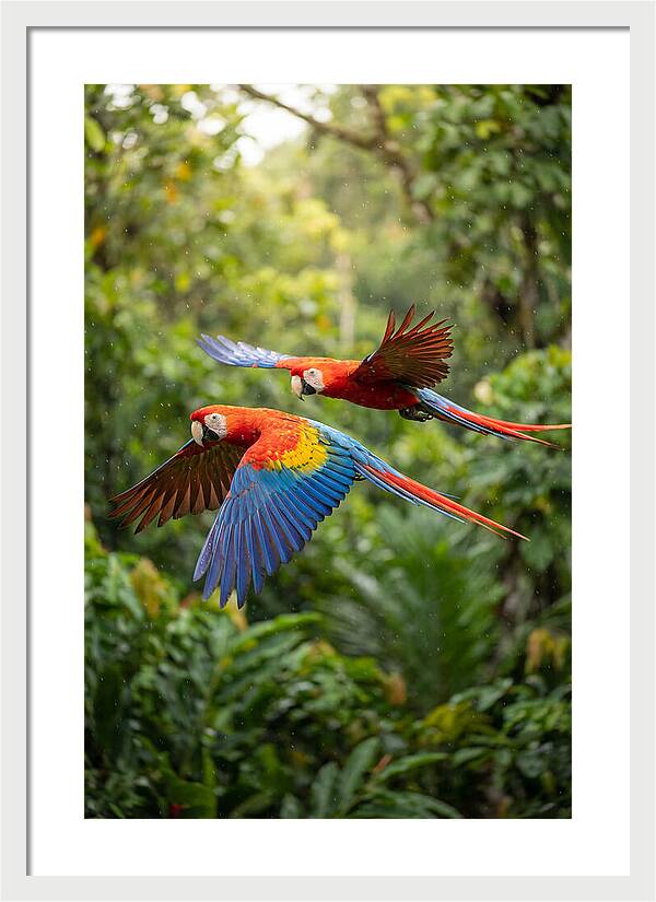 Vibrant Macaws Soaring Together