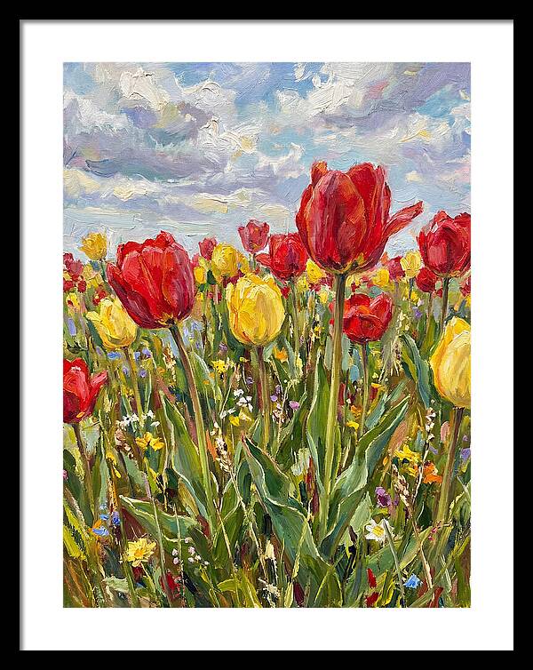 Vibrant Tulip Field Under Clouds