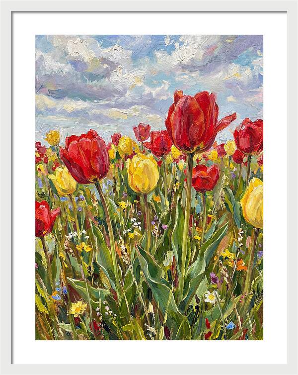 Vibrant Tulip Field Under Clouds