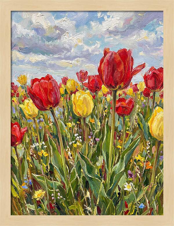 Vibrant Tulip Field Under Clouds