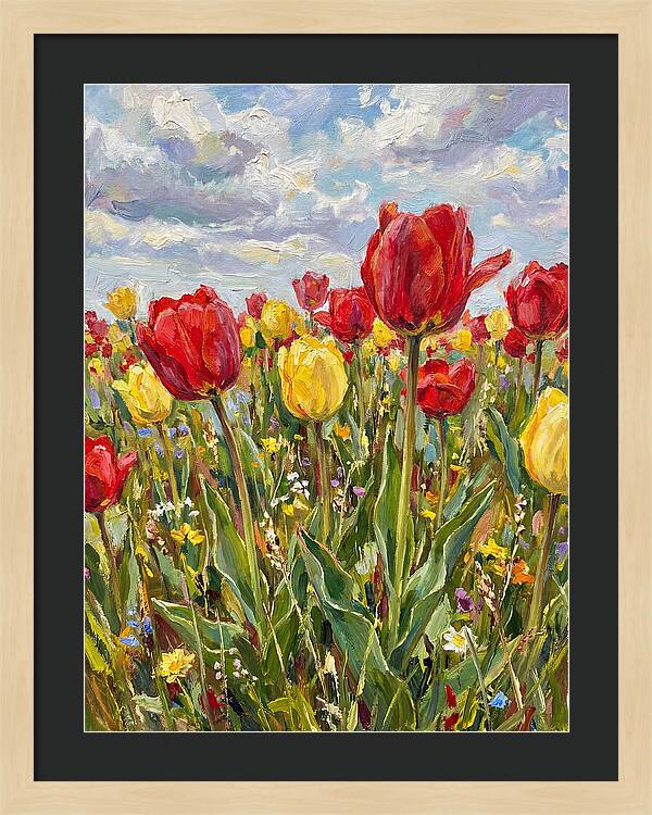 Vibrant Tulip Field Under Clouds