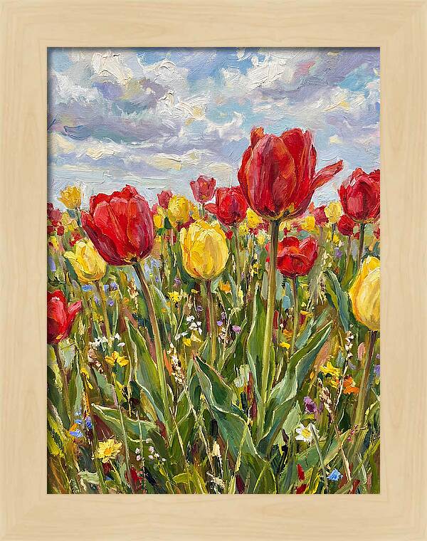 Vibrant Tulip Field Under Clouds