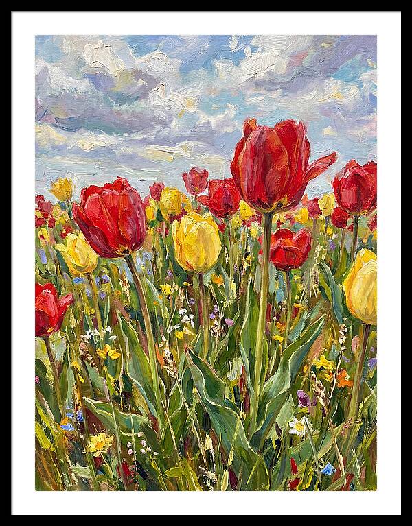 Vibrant Tulip Field Under Clouds