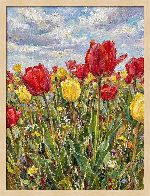 Vibrant Tulip Field Under Clouds