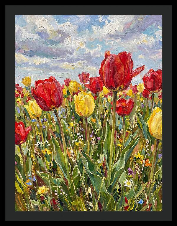Vibrant Tulip Field Under Clouds
