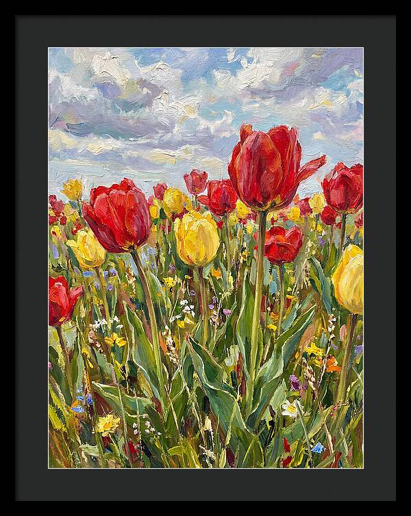 Vibrant Tulip Field Under Clouds