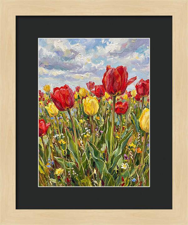Vibrant Tulip Field Under Clouds