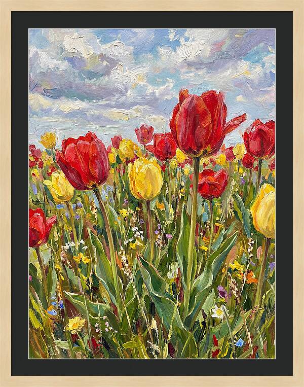 Vibrant Tulip Field Under Clouds