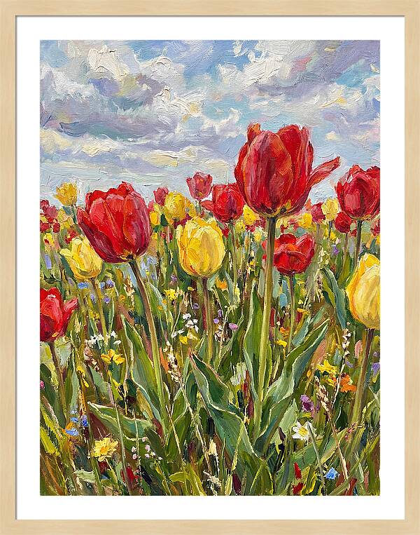 Vibrant Tulip Field Under Clouds