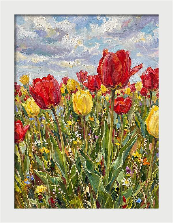 Vibrant Tulip Field Under Clouds