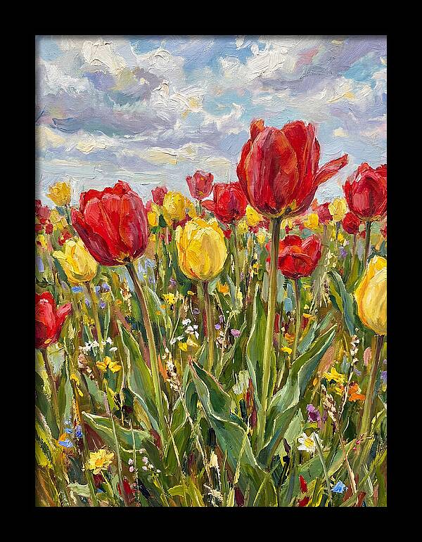 Vibrant Tulip Field Under Clouds